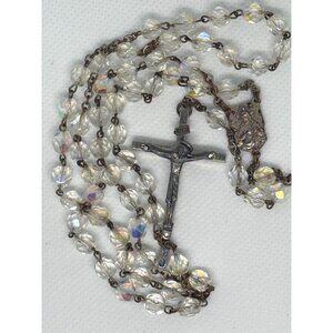 Vintage Crystal Beaded Rosary 18.5" With Metal Crucifix & Religious Medallion